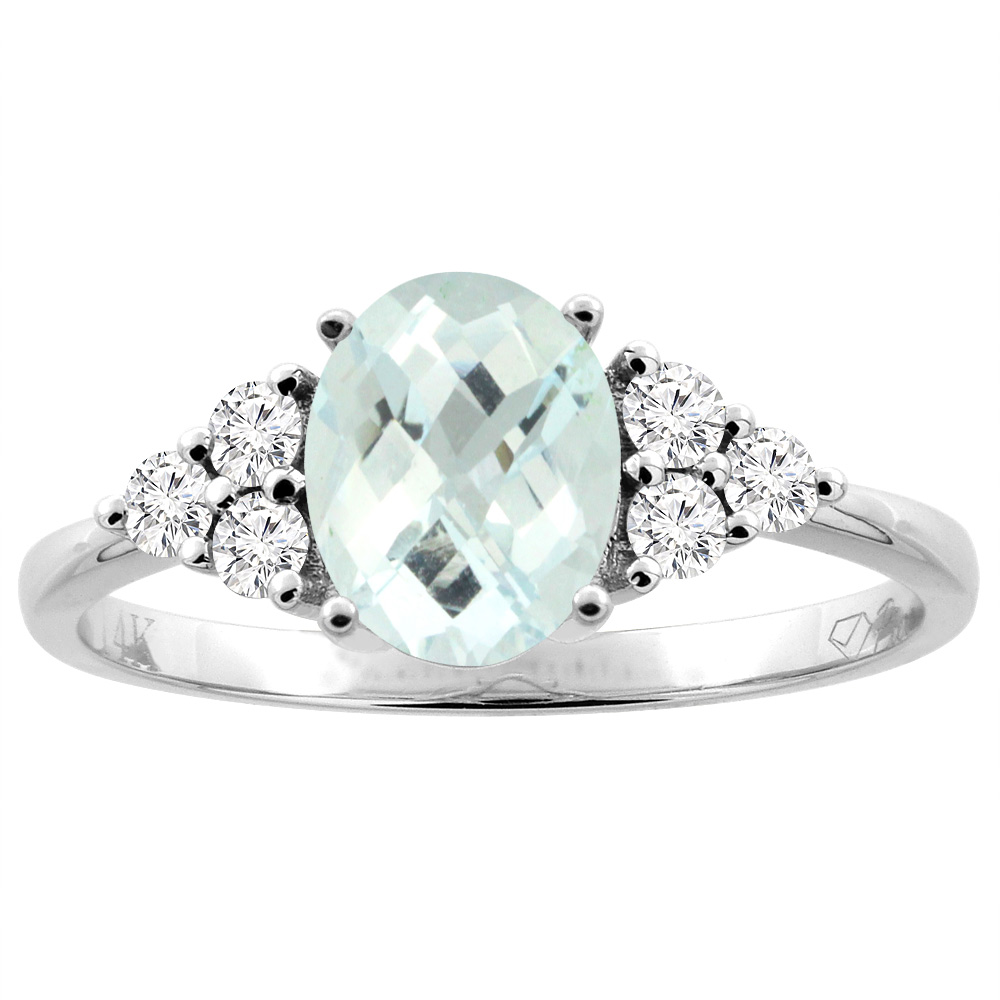 14K Gold Natural Aquamarine Ring Oval 8x6 mm Diamond Accents, sizes 5 - 10