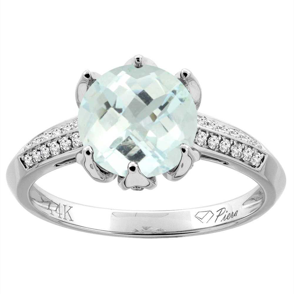 14K Gold Natural Aquamarine Ring Round 8 mm Diamond Accents, sizes 5 - 10
