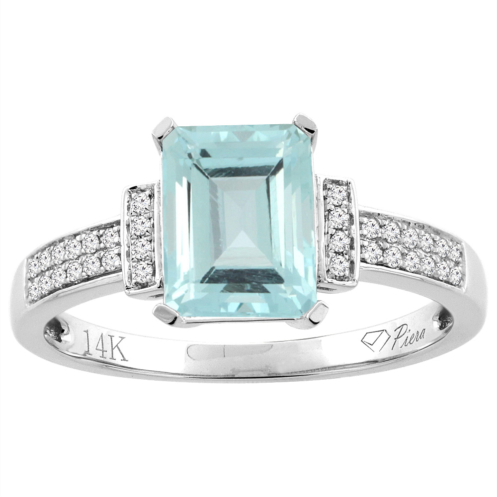 14K Gold Natural Aquamarine Ring Octagon 8x6 mm Diamond Accents, sizes 5 - 10