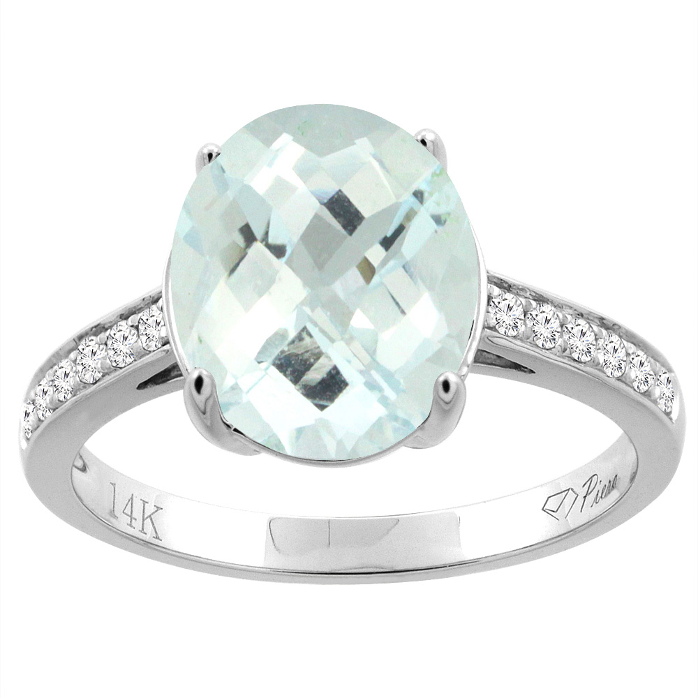14K Gold Natural Aquamarine Ring Oval 11x9 mm Diamond Accents, sizes 5 - 10