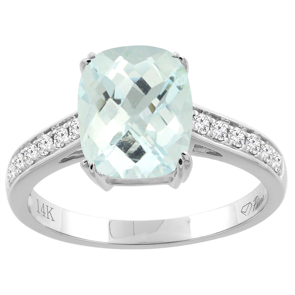 14K Gold Natural Aquamarine Ring Cushion Cut 9x7 mm Diamond Accents, sizes 5 - 10