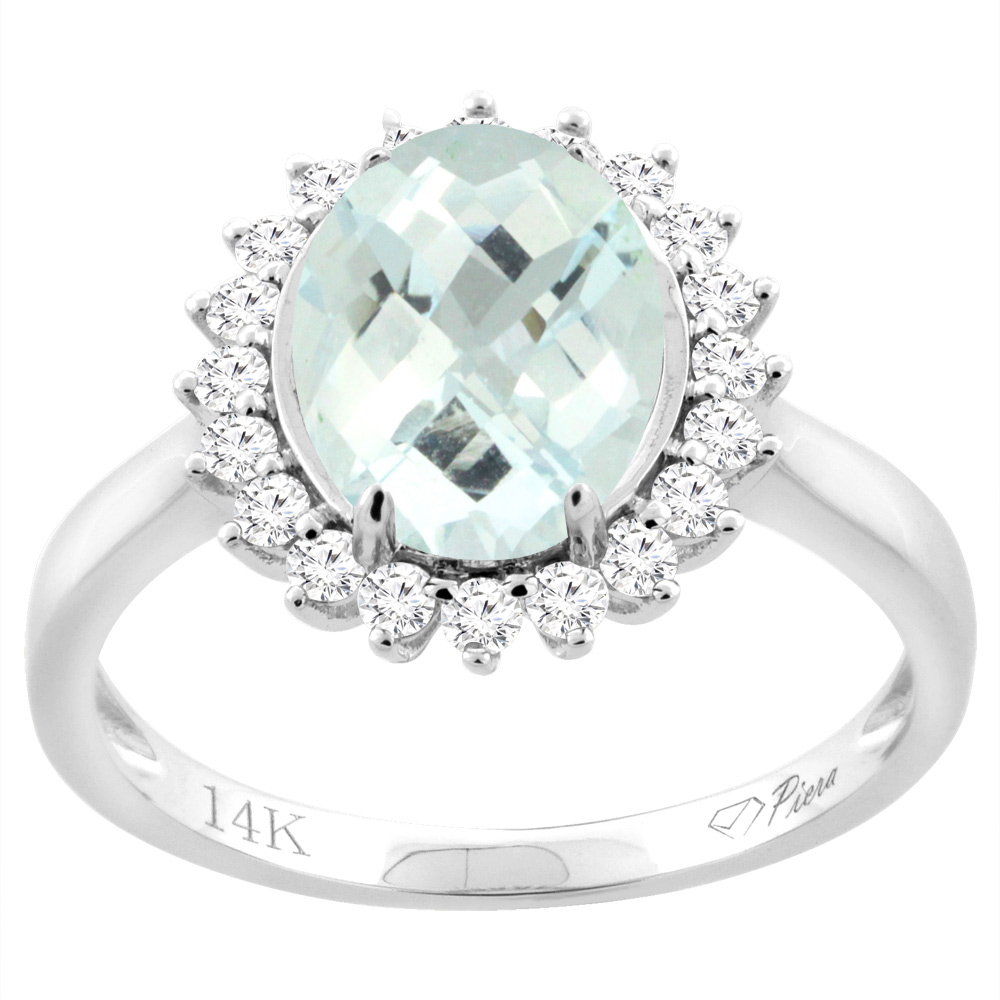 14K White Gold Diamond Natural Aquamarine Engagement Ring Oval 10x8mm, sizes 5-10