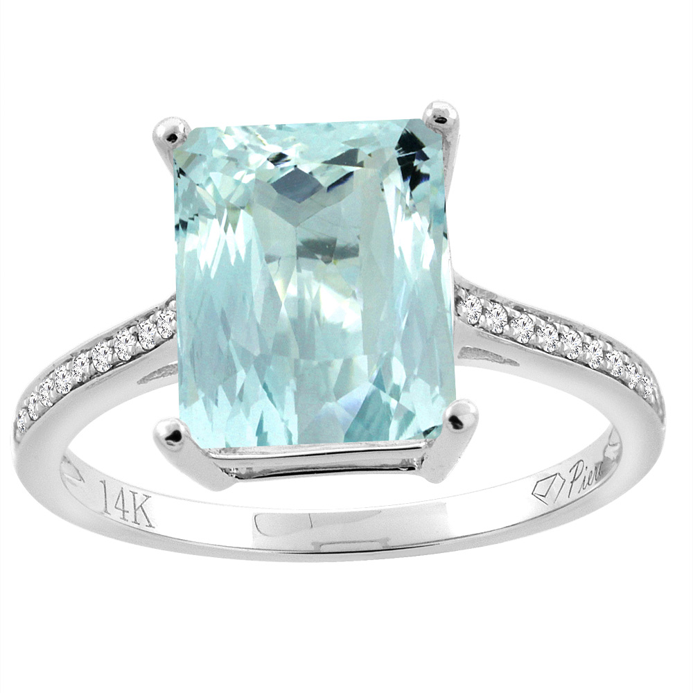 14K Gold Natural Aquamarine Ring Octagon 10x8 mm Diamond Accents, sizes 5 - 10