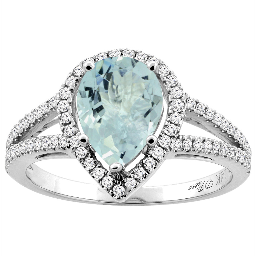 14K Gold Natural Aquamarine Ring Pear Shape 9x7 mm Diamond Accents, sizes 5 - 10
