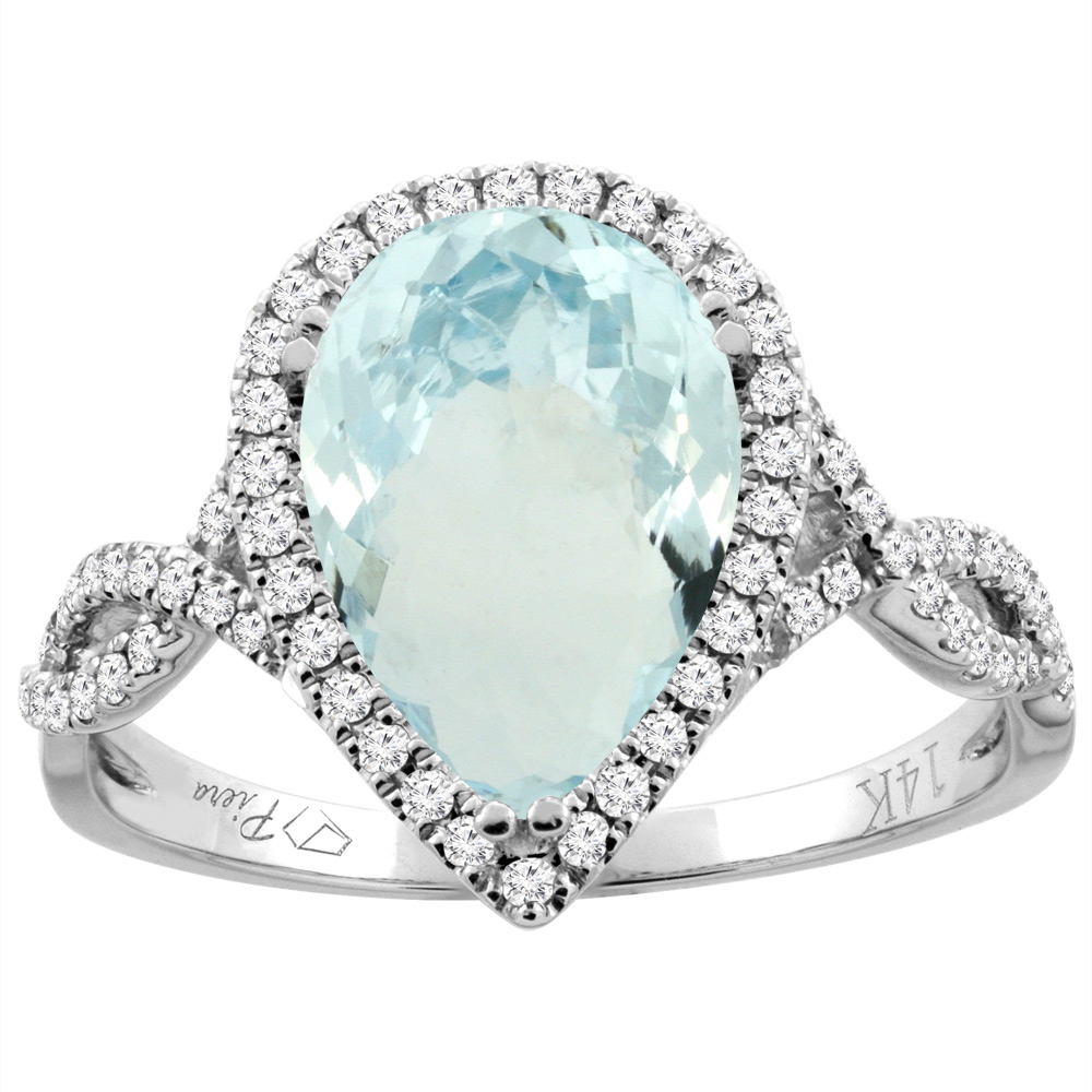 14K Gold Natural Aquamarine Ring Pear Shape 12x8 mm Diamond Accents, sizes 5 - 10