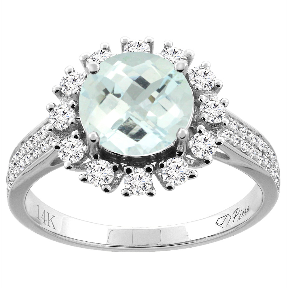 14K Gold Natural Aquamarine Ring Round 8 mm Diamond Accents, sizes 5 - 10