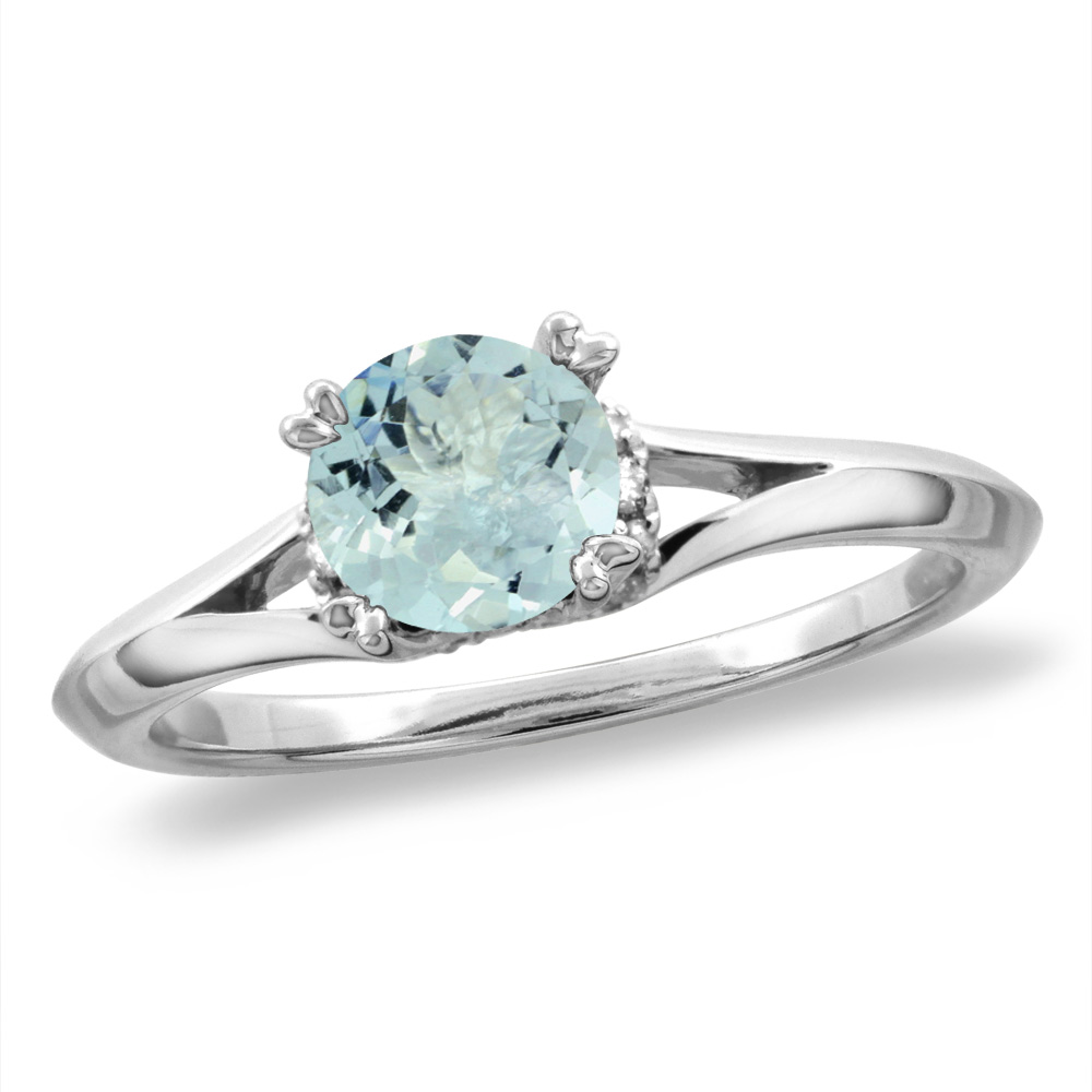 14K White/Yellow Gold Diamond Natural Aquamarine Solitaire Engagement Ring Round 6 mm, sz 5-10