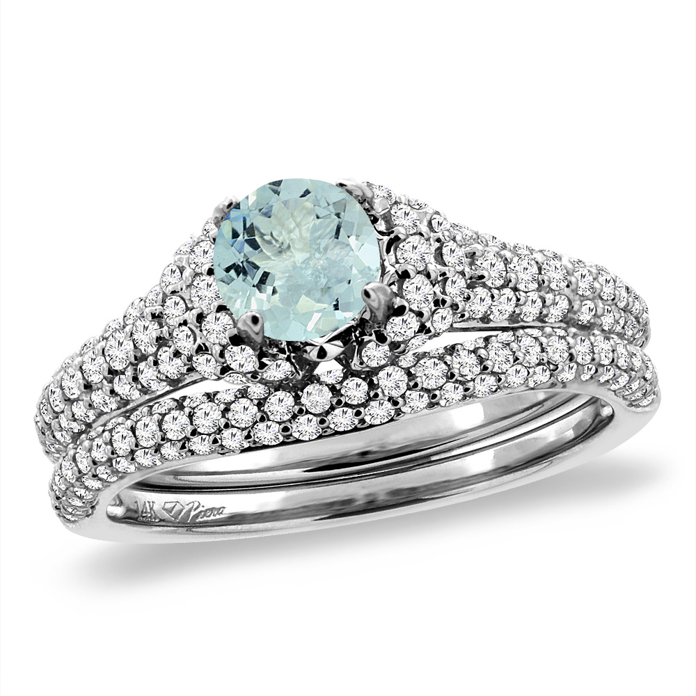 14K White Gold Diamond Natural Aquamarine 2pc Engagement Ring Set Round 5 mm, sizes 5-10