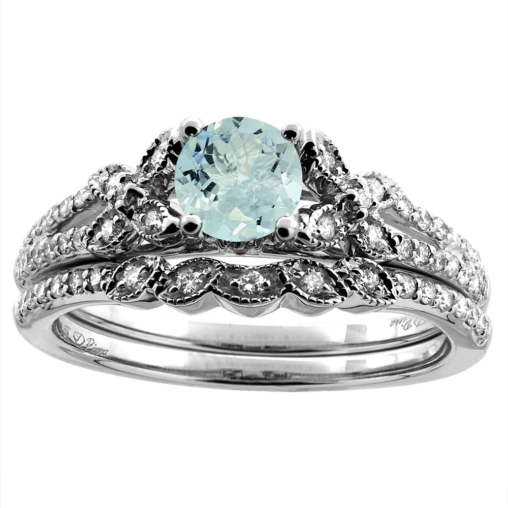 14K White/Yellow Gold Floral Diamond Natural Aquamarine 2pc Engagement Ring Set Round 5 mm, sizes 5-10