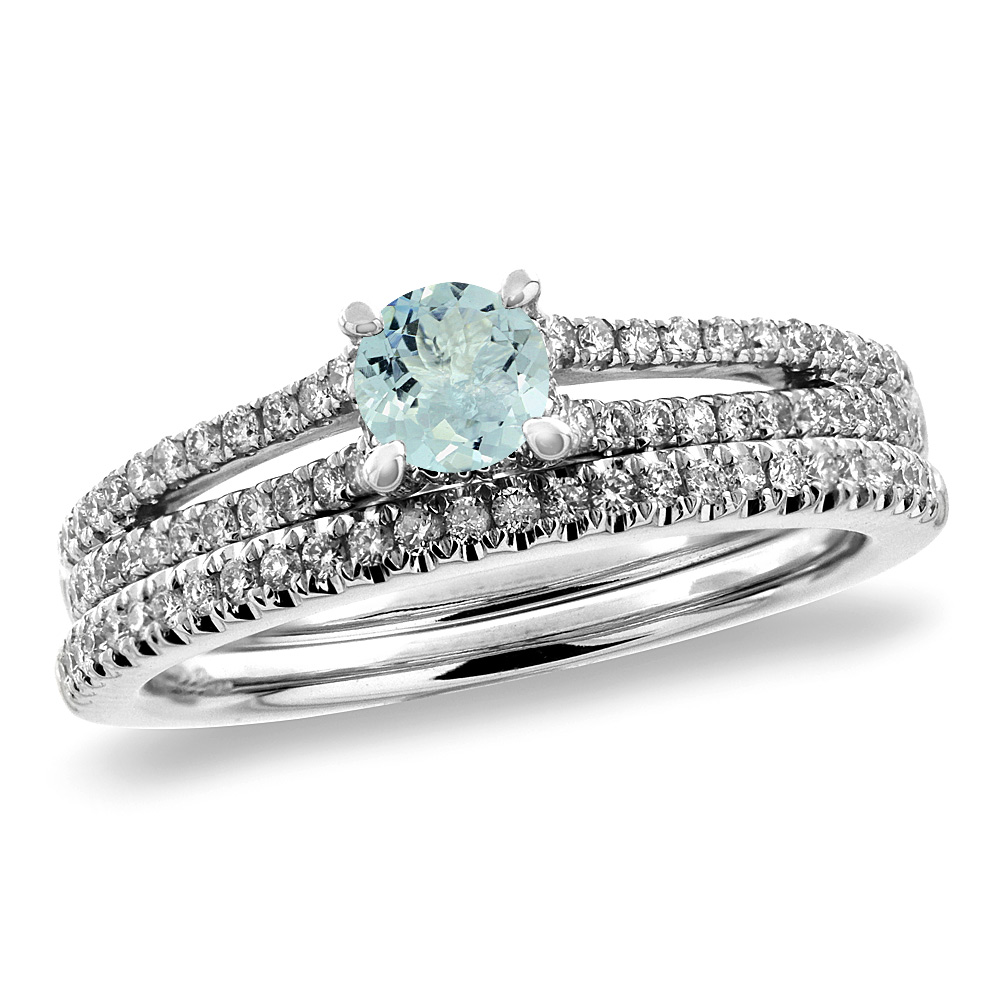 14K White Gold Diamond Natural Aquamarine 2pc Engagement Ring Set Round 5 mm, sizes 5-10