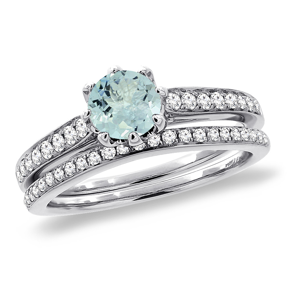 14K White Gold Diamond Natural Aquamarine 2pc Engagement Ring Set Round 5 mm, sizes 5-10