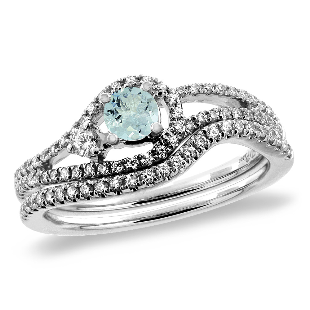 14K White Gold Diamond Natural Aquamarine 2pc Engagement Ring Set Round 5 mm, sizes 5-10
