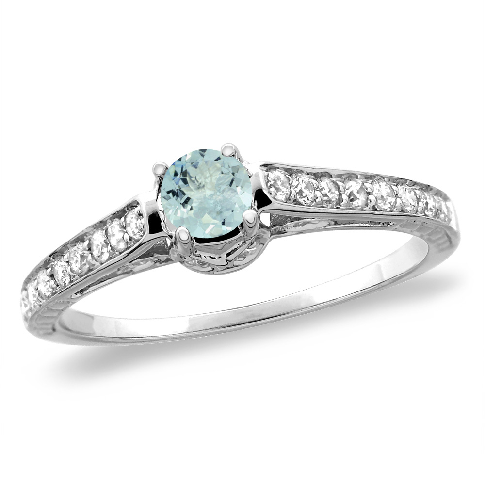 14K White/Yellow Gold Diamond Natural Aquamarine Engagement Ring Round 5 mm, sizes 5-10