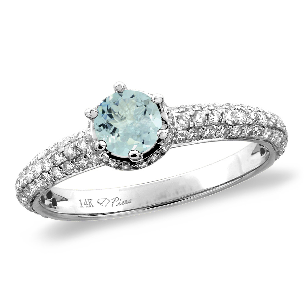 14K White/Yellow Gold Diamond Natural Aquamarine Engagement Ring Round 5 mm, sizes 5-10