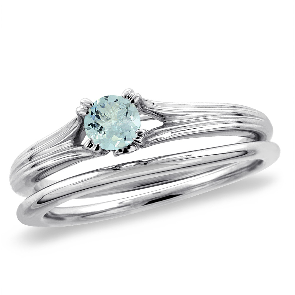 14K White Gold Diamond Natural Aquamarine 2pc Solitaire Engagement Ring Set Round 4 mm, size5-10