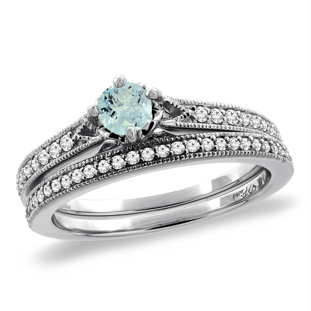 14K White Gold Diamond Natural Aquamarine 2pc Engagement Ring Set Round 4 mm, sizes 5 - 10