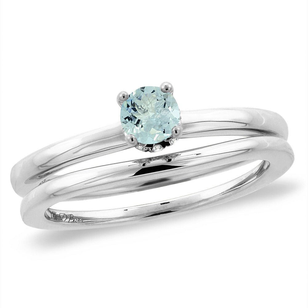14K White Gold Diamond Natural Aquamarine 2pc Solitaire Engagement Ring Set Round 4 mm, size5-10