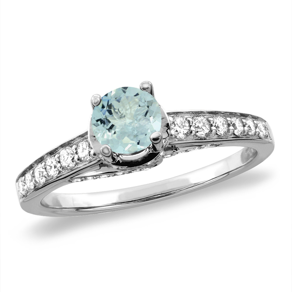 14K White/Yellow Gold Diamond Natural Aquamarine Engagement Ring Round 4 mm, sizes 5 -10
