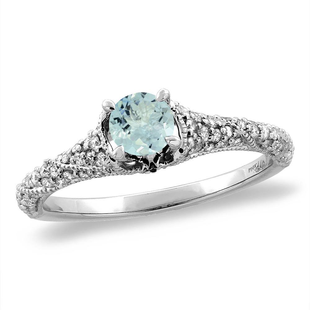 14K White/Yellow Gold Diamond Natural Aquamarine Engagement Ring Round 4 mm, sizes 5 -10