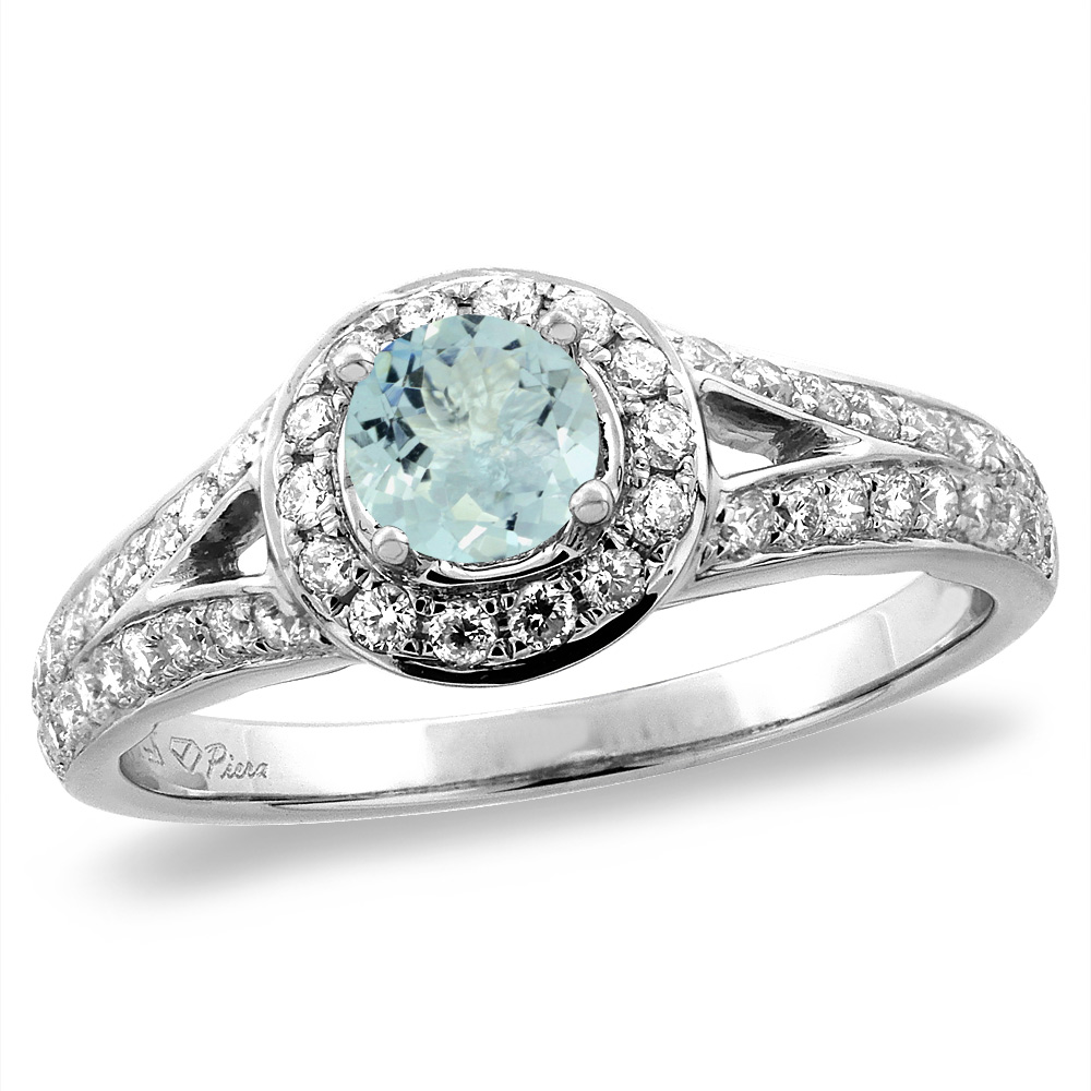 14K White/Yellow Gold Diamond Natural Aquamarine Halo Engagement Ring Round 4 mm, sizes 5 -10