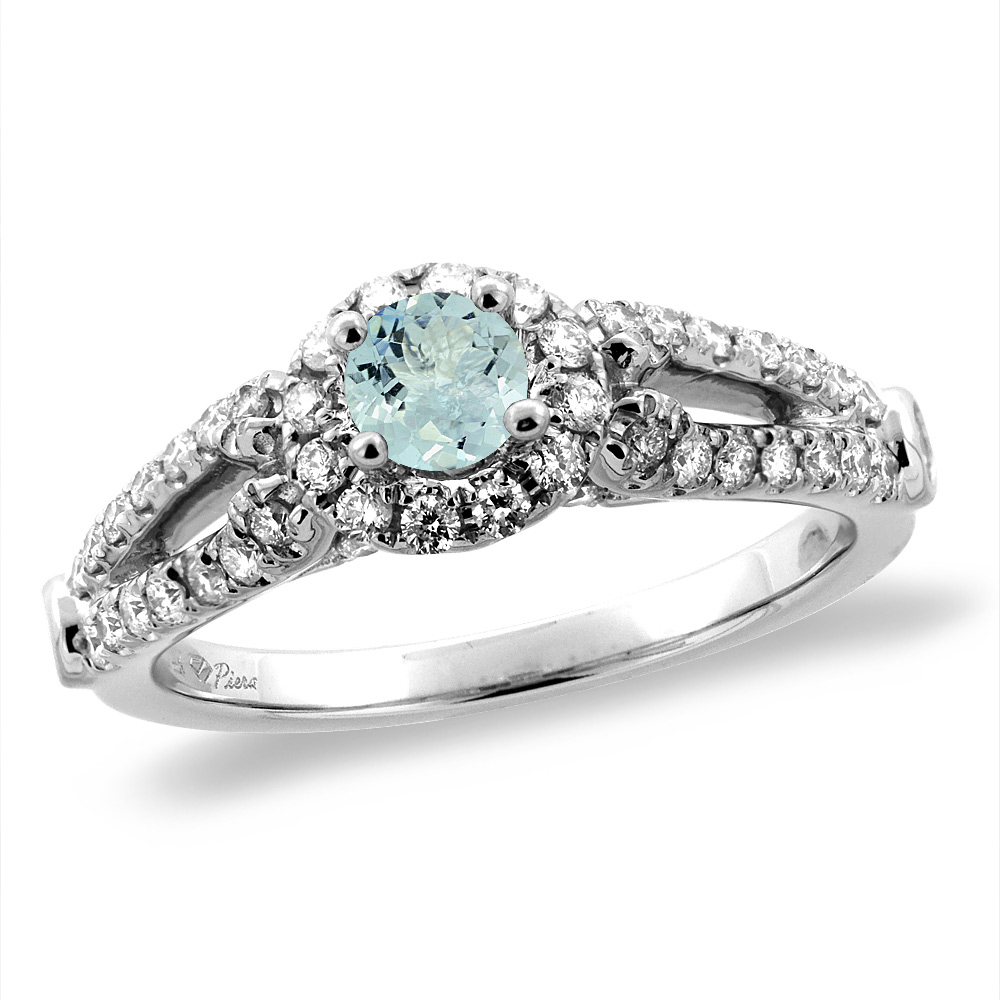 14K White/Yellow Gold Diamond Natural Aquamarine Halo Engagement Ring Round 4 mm, sizes 5 -10