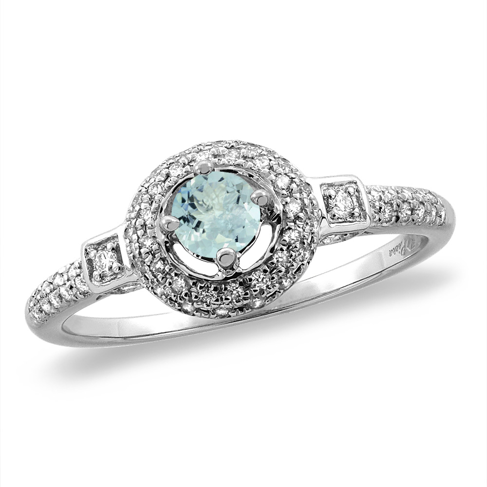 14K White/Yellow Gold Diamond Natural Aquamarine Halo Engagement Ring Round 4 mm, sizes 5 -10