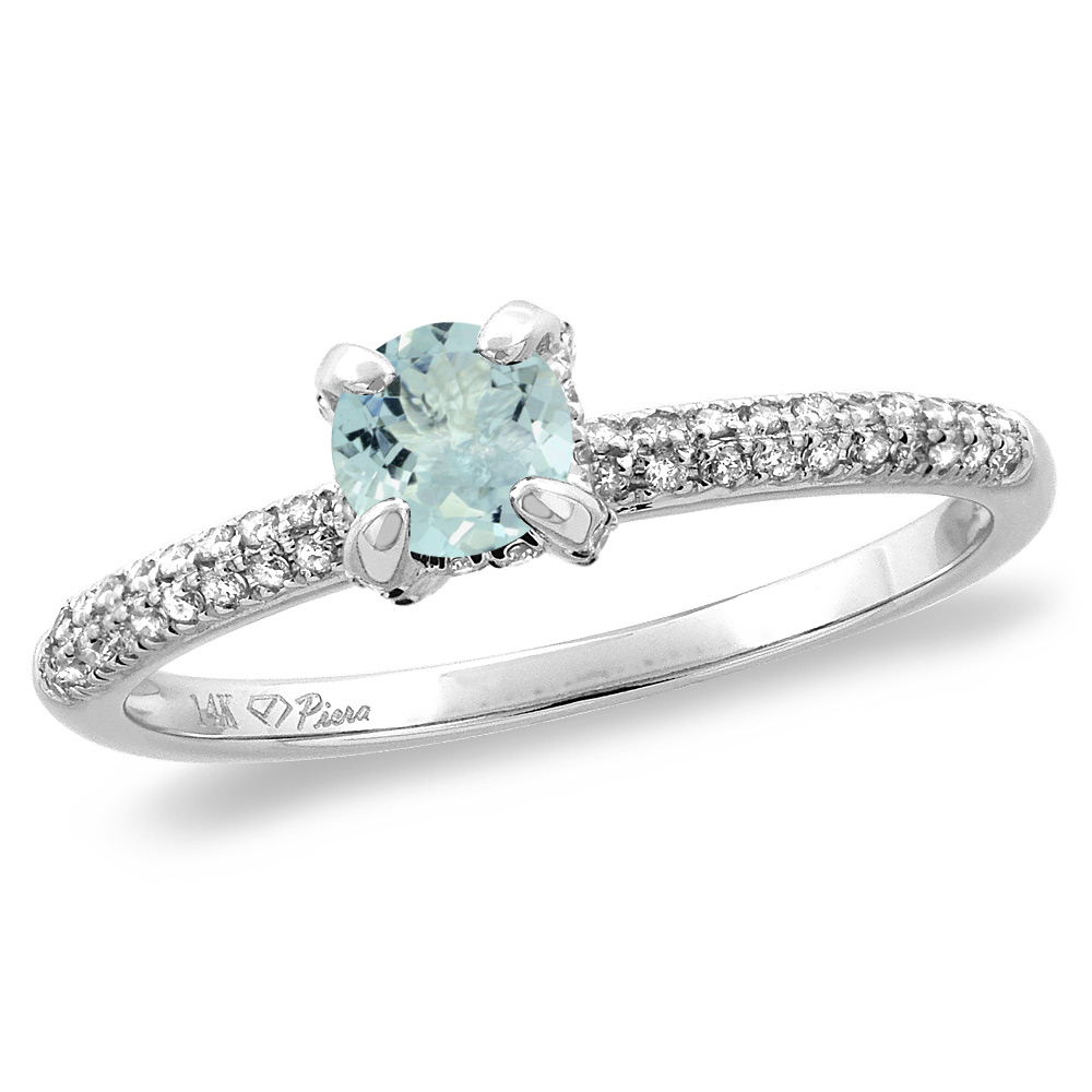 14K White/Yellow Gold Diamond Natural Aquamarine Solitaire Engagement Ring Round 4 mm, sizes 5 -10