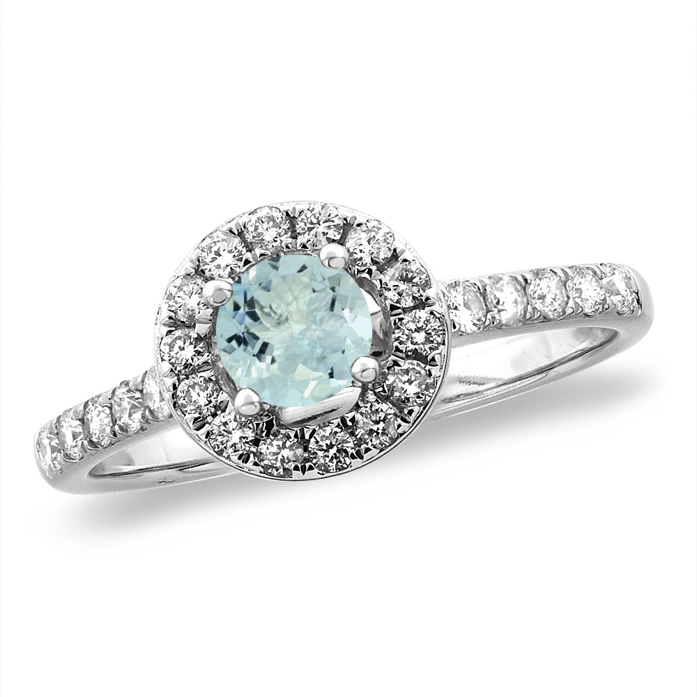14K White/Yellow Gold Diamond Natural Aquamarine Halo Engagement Ring Round 4 mm, sizes 5 -10
