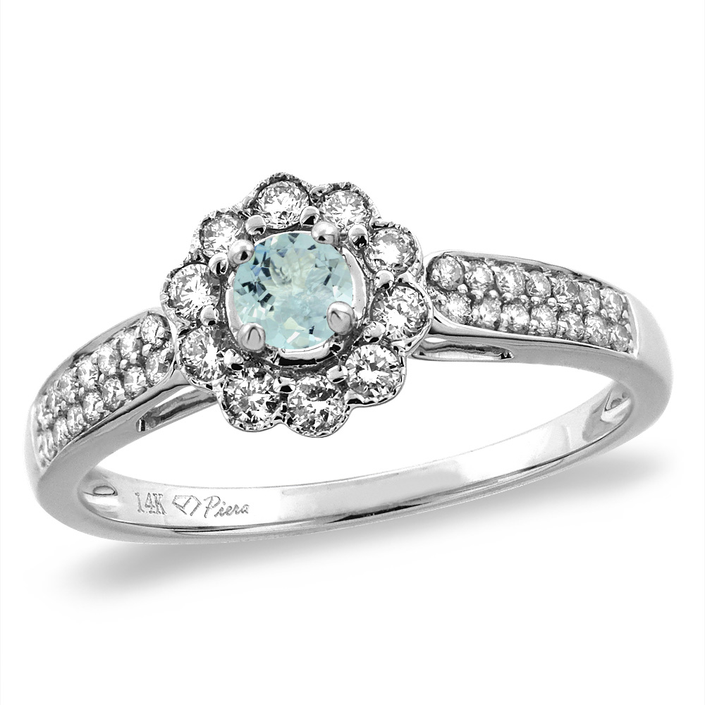 14K White/Yellow Gold Natural Aquamarine Engagement Ring Round 4 mm, sizes 5 -10