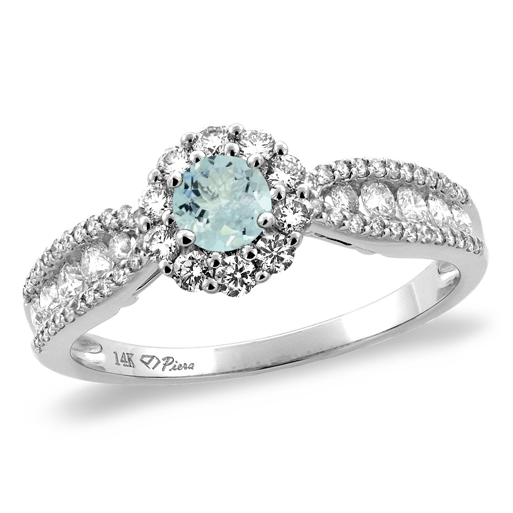 14K White/Yellow Gold Natural Aquamarine Halo Engagement Ring Round 4 mm, sizes 5 -10