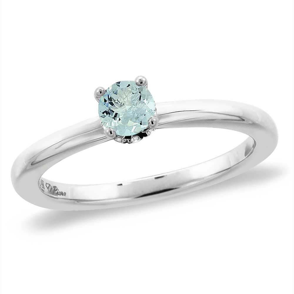 14K White Gold Diamond Natural Aquamarine Solitaire Engagement Ring Round 5 mm, sizes 5 -10
