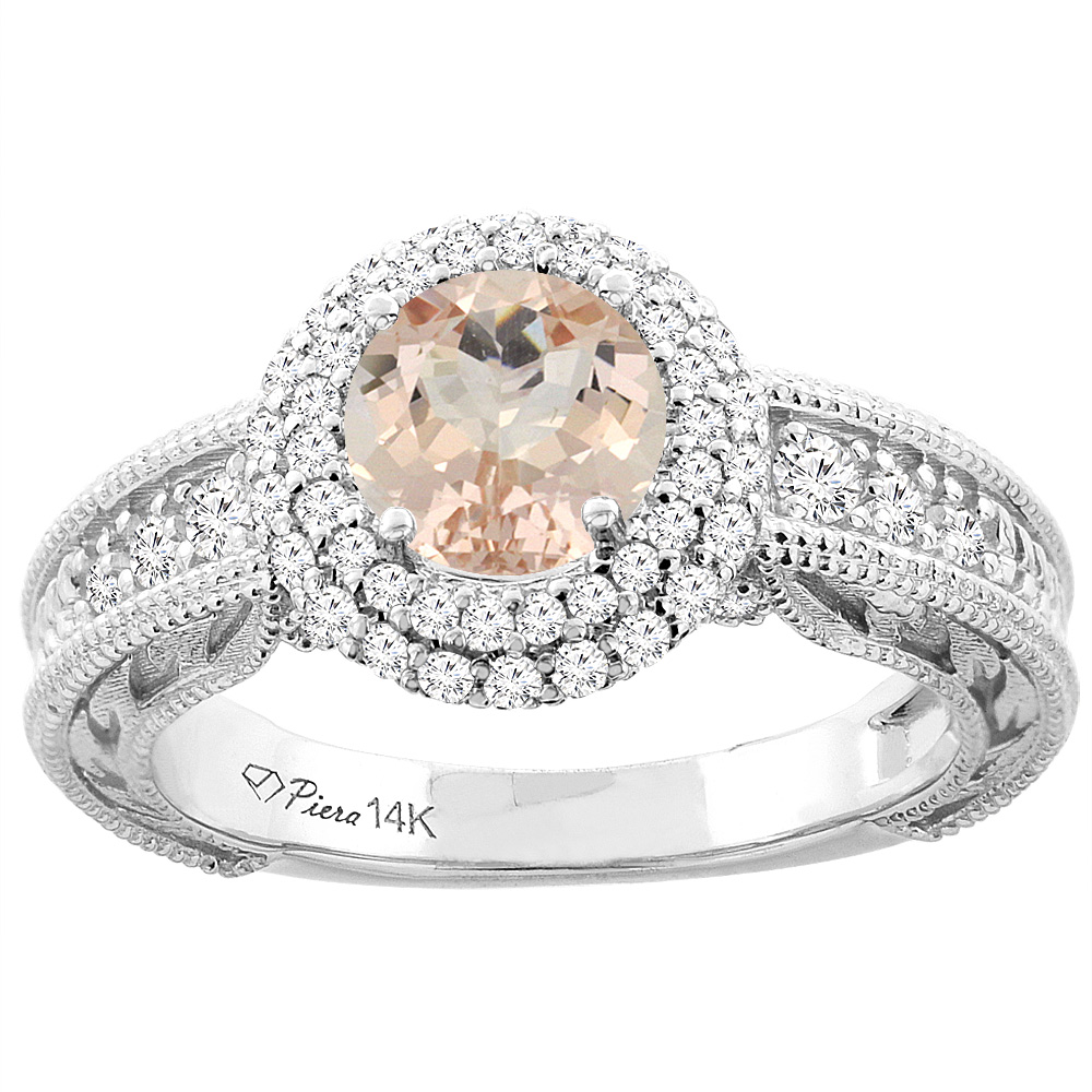 14K White Gold Natural Morganite & Diamond Halo Ring Round 6 mm, sizes 5-10