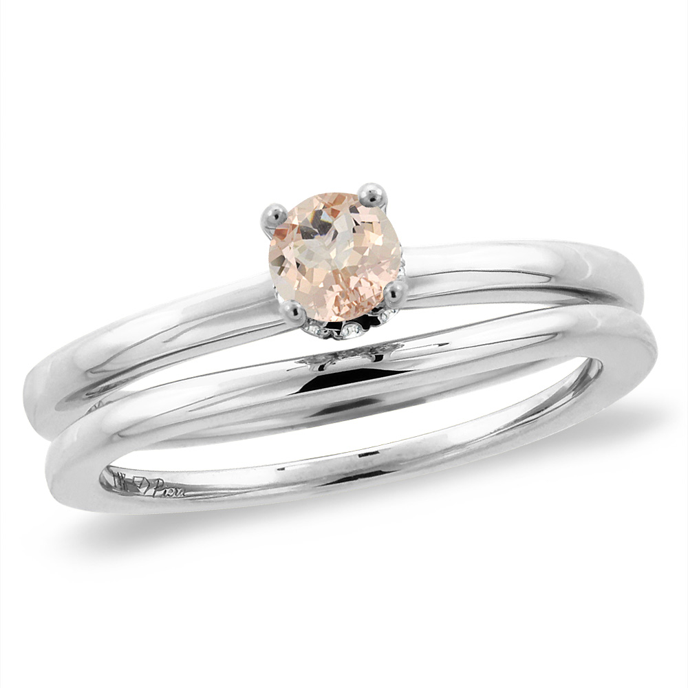 14K White Gold Diamond Natural Morganite 2pc Solitaire Engagement Ring Set Round 6 mm, sizes 5-10