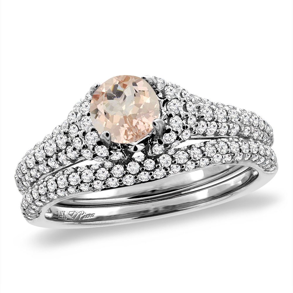 14K White Gold Diamond Natural Morganite 2pc Engagement Ring Set Round 5 mm, sizes 5-10