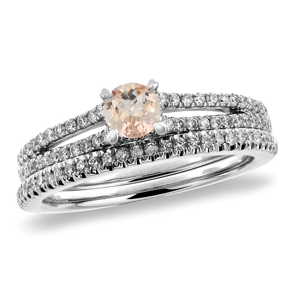 14K White Gold Diamond Natural Morganite 2pc Engagement Ring Set Round 5 mm, sizes 5-10
