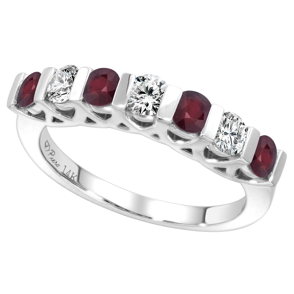 14k White Gold Enhanced Genuine Ruby and Diamond 7-Stone Ring Round Brilliant cut 0.35cttw 3mm, size5-10