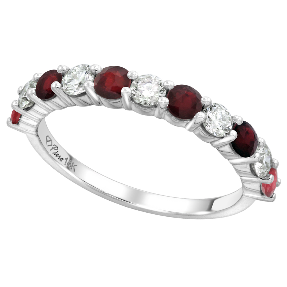 14k White Gold Enhanced Genuine Ruby & Diamond 11 Stone Ring Round Brilliant cut 0.6ct 3mm, size 5-10