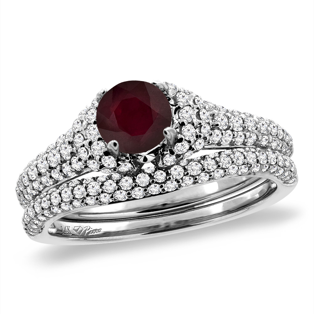 14K White Gold Diamond Enhanced Genuine Ruby 2pc Engagement Ring Set Round 5 mm, sizes 5-10
