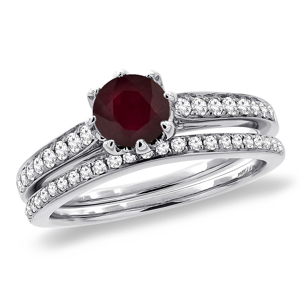 14K White Gold Diamond Enhanced Genuine Ruby 2pc Engagement Ring Set Round 5 mm, sizes 5-10