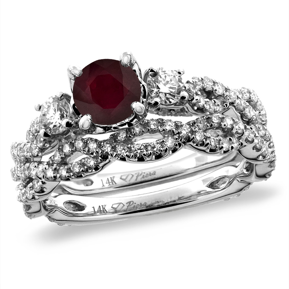14K White/Yellow Gold Diamond Enhanced Genuine Ruby 2pc Infinity Engagement Ring Set Round 5 mm, size 5-10