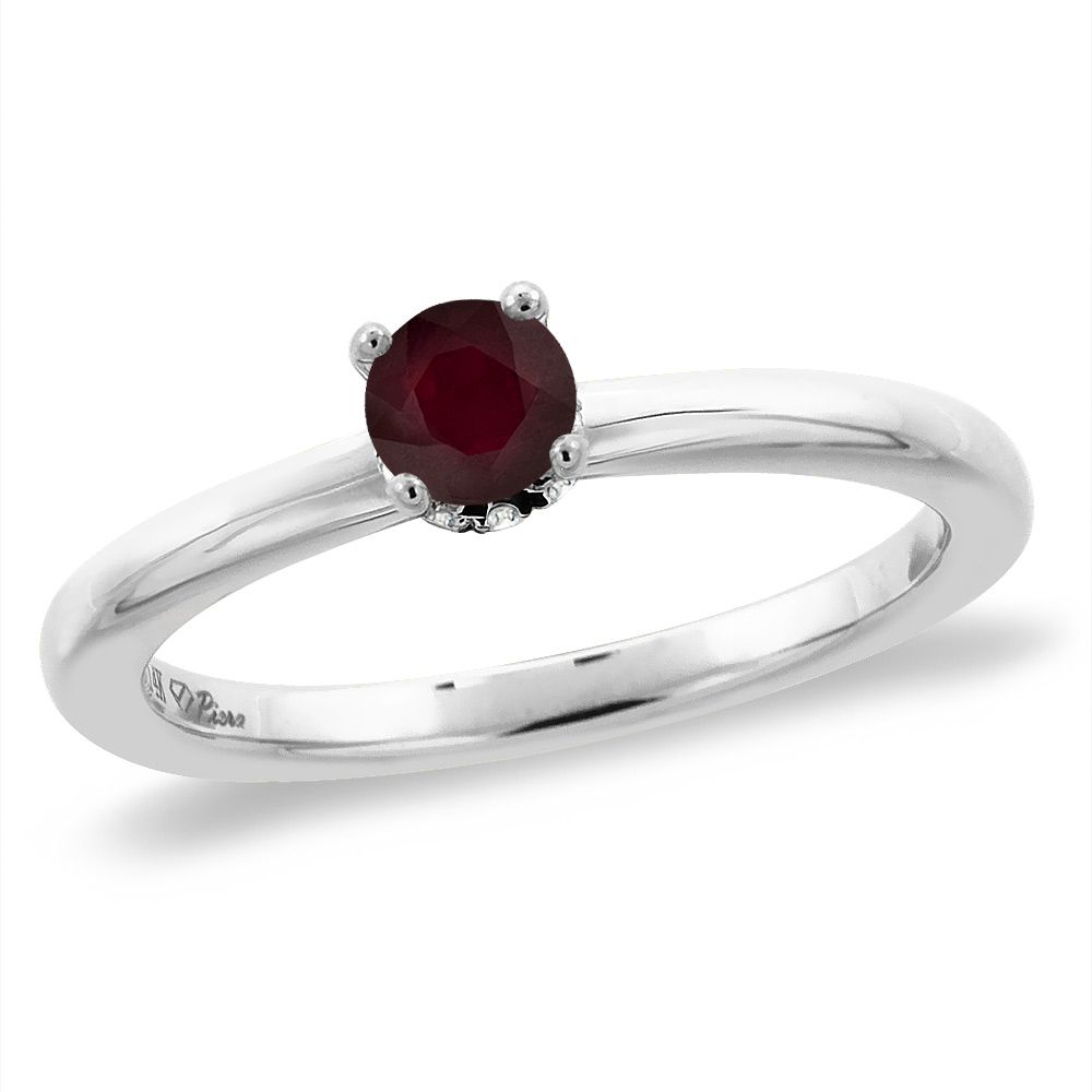 14K White Gold Diamond Enhanced Genuine Ruby Solitaire Engagement Ring Round 6 mm, sizes 5 -10