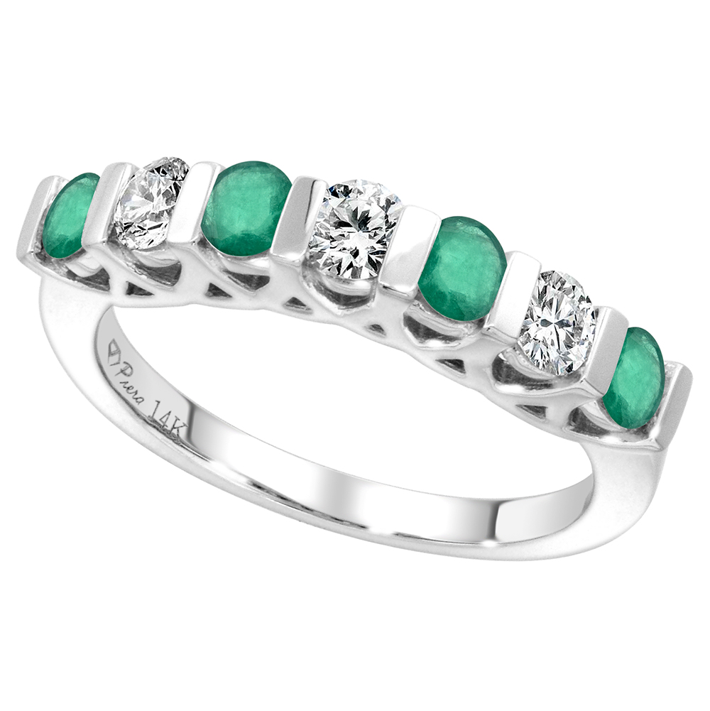 14k White Gold Genuine Emerald and Diamond 7-Stone Ring Round Brilliant cut 0.35cttw 3mm, size 5-10