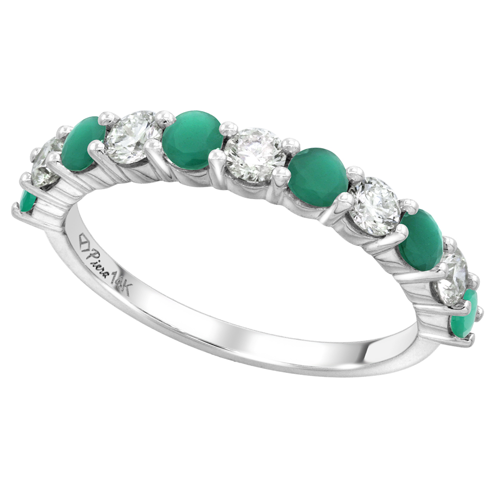 14k White Gold Genuine Emerald & Diamond 11 Stone Ring Round Brilliant cut 0.6ct 3mm, size 5-10