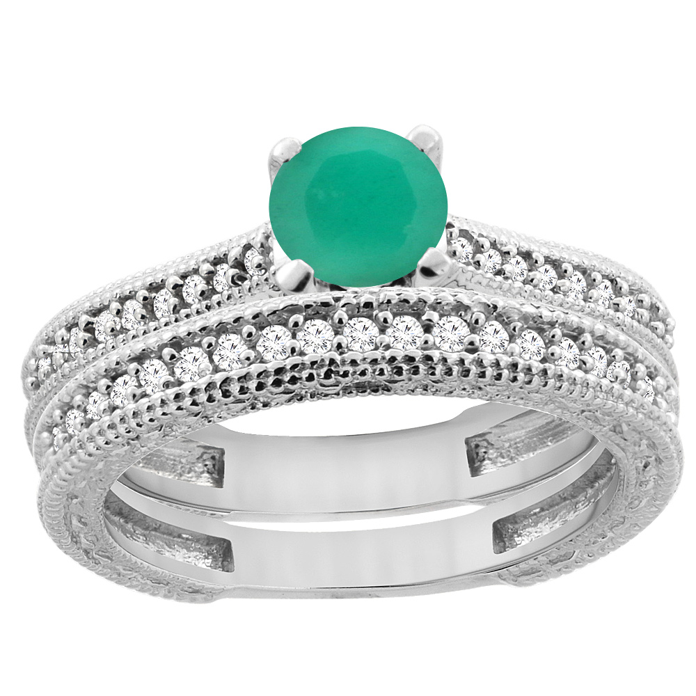 14K White Gold Natural Emerald Round 5mm Engraved Engagement Ring 2-piece Set Diamond Accents, sizes 5 - 10