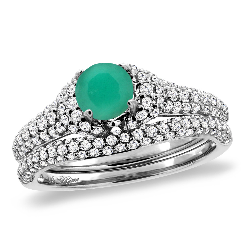 14K White Gold Diamond Natural Emerald 2pc Engagement Ring Set Round 5 mm, sizes 5-10