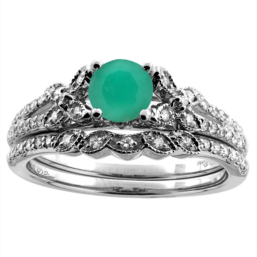 14K White/Yellow Gold Floral Diamond Natural Emerald 2pc Engagement Ring Set Round 5 mm, sizes 5-10