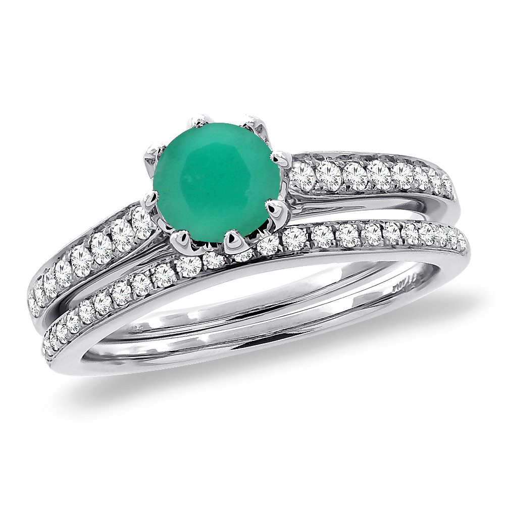 14K White Gold Diamond Natural Emerald 2pc Engagement Ring Set Round 5 mm, sizes 5-10