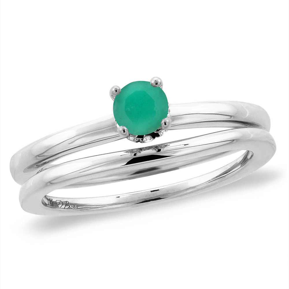 14K White Gold Diamond Natural Emerald 2pc Solitaire Engagement Ring Set Round 5 mm, sizes 5 -10