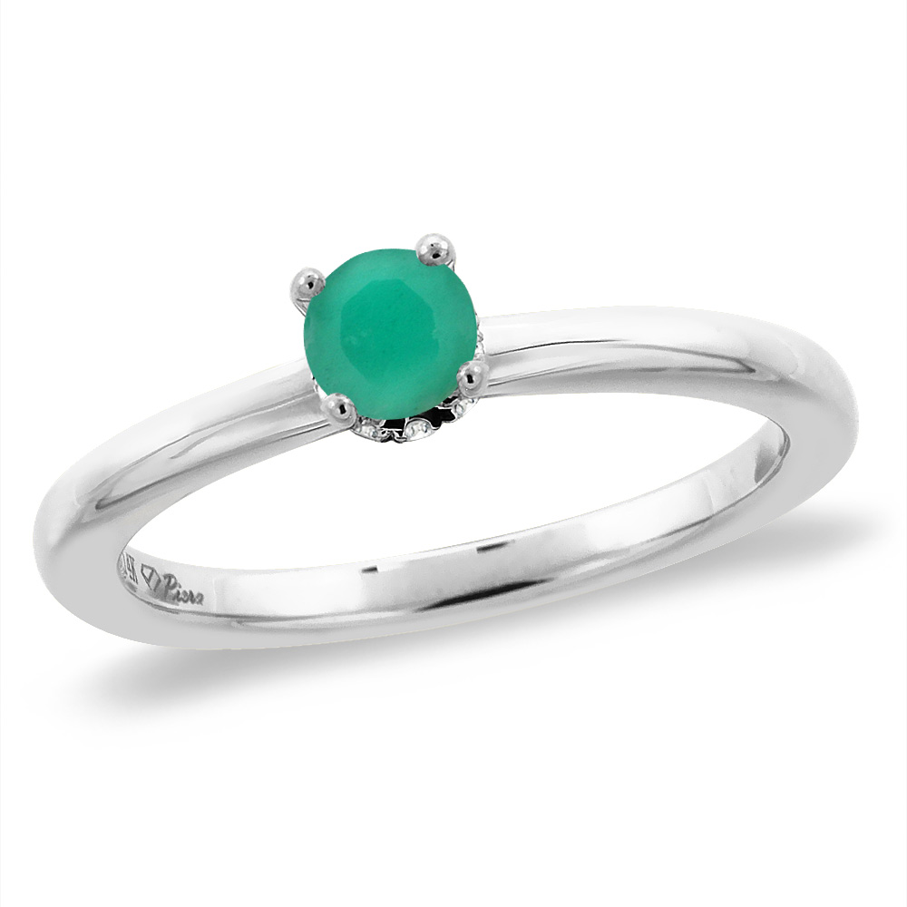 14K White Gold Diamond Natural Emerald Solitaire Engagement Ring Round 5 mm, sizes 5 -10