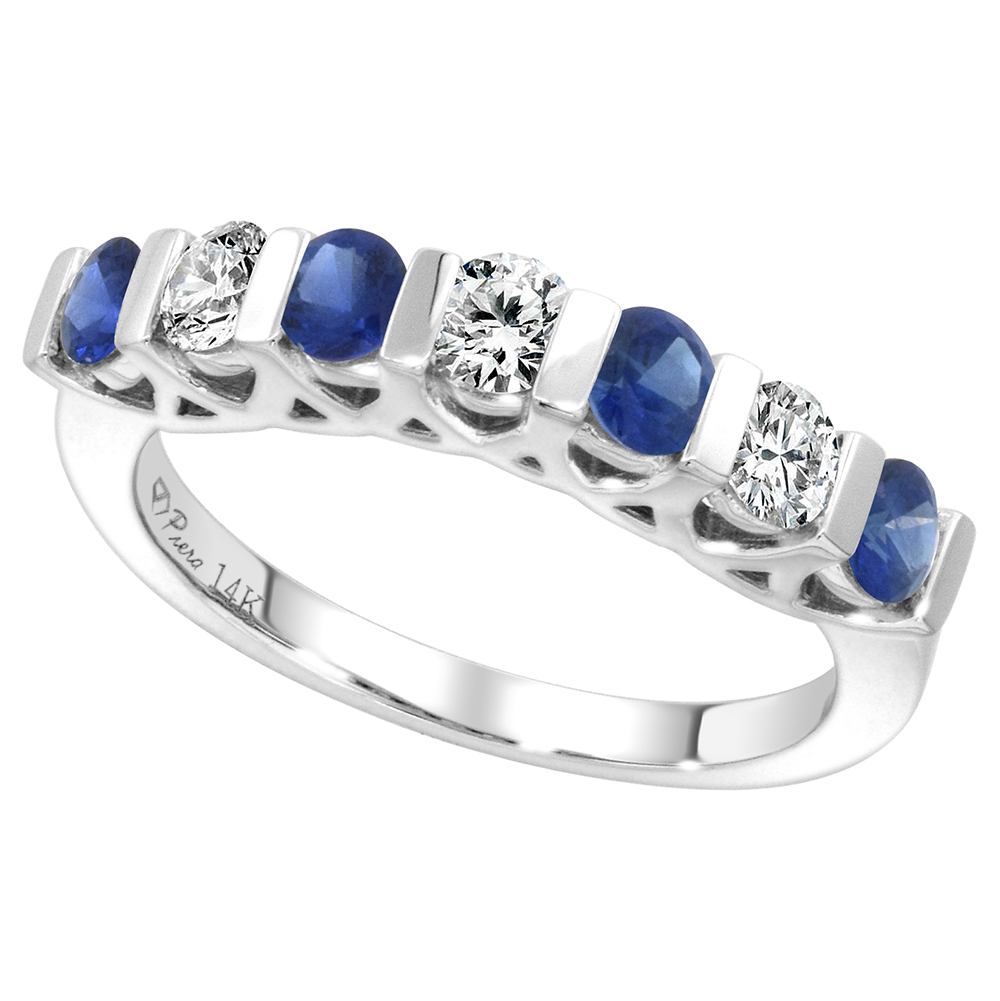 14k White Gold Genuine Blue Sapphire and Diamond 7-Stone Ring Round Brilliant cut 0.35cttw 3mm, size5-10